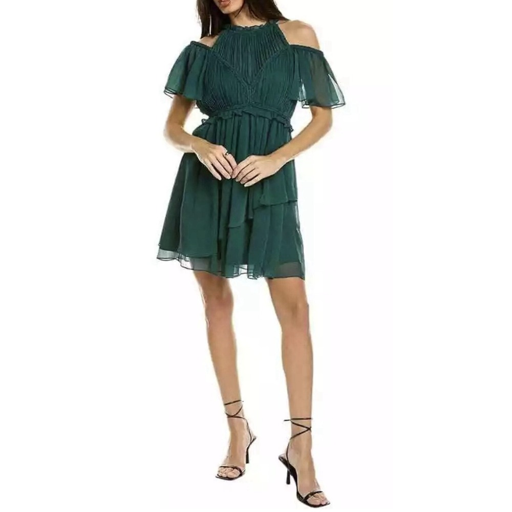 Ted Baker POPPIO Rope Detail Mini Dress Dark Green Pleated Cold Shoulder Size 4